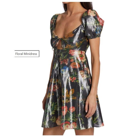 STAUD Camilla Dress  Size 8 Floral Metallic Puff Sleeve Mini Tie Front Coquette - Picture 3 of 16